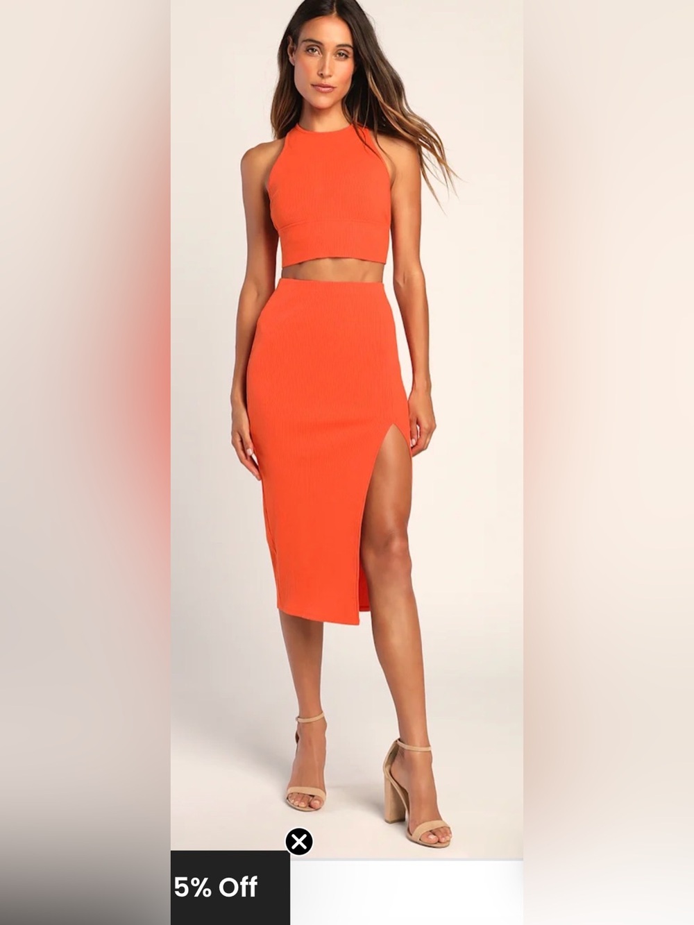 Lulu's Bright Orange Ribbed Top and Midi Skirt with Side Slit Two Piece Set